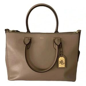 Ralph Lauren newbury satchel laptop bag leather tote city taupe gold acc